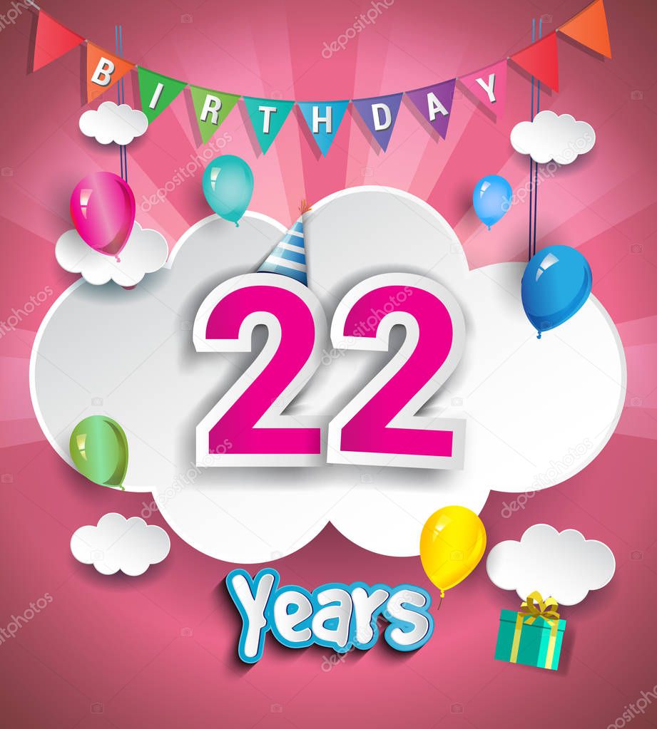 22  Years Birthday Design for greeting cards and poster, with  gift boxes, balloons. design template for anniversary celebration