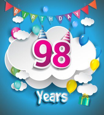 98 yıl Doğum günü tasarım tebrik kartları ve hediye kutuları, balonlar ile poster için. yıldönümü kutlamaları için tasarım şablonu