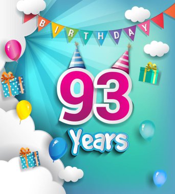 93 yıl Doğum günü tasarım tebrik kartları ve hediye kutuları, balonlar ile poster için. yıldönümü kutlamaları için tasarım şablonu