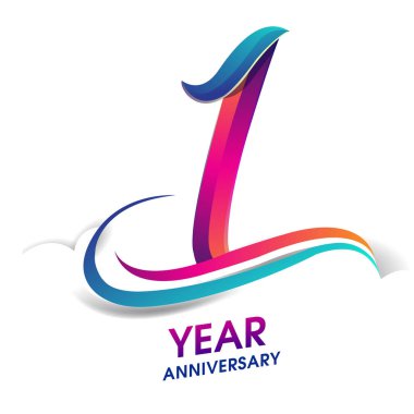 1 yıldönümü kutlama logo mavi ve kırmızı renkli. Doğum günü logosu beyaz arka plan üzerinde.