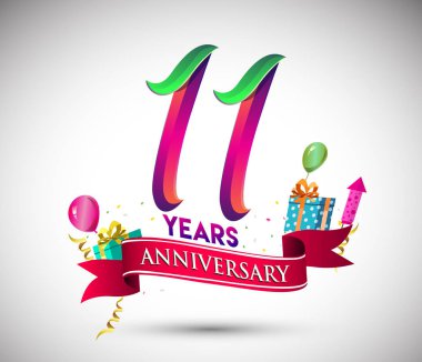 11 yıldönümü kutlama tasarımı için hediye kutusu ve balonlar, kırmızı kurdele, renkli vektör şablon öğeleri ile senin, doksan yedi yıl Doğum günü kutlama partisi.