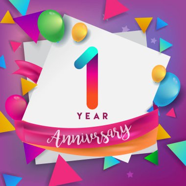 1 yıl yıldönümü kutlamaları tasarım, altmış üç Doğum günü kutlama parti balonları ve şerit, renkli tasarım öğeleri için afiş, davetiye, tebrik kartı.