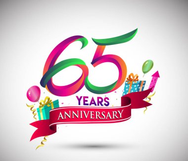 65 yıldönümü kutlama tasarımı için hediye kutusu ve balonlar, kırmızı kurdele, renkli vektör şablon öğeleri ile senin, doksan yedi yıl Doğum günü kutlama partisi.