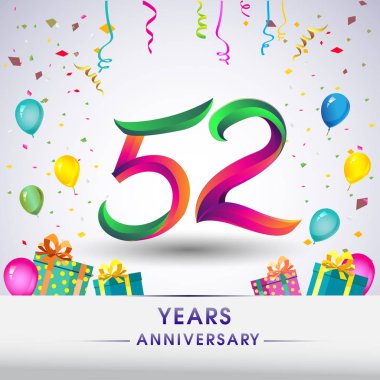 52 Yıldönümü kutlama tasarım, hediye kutusu, balonlar ve konfeti, renkli vektör şablon öğeleri için senin, sekiz yıl Doğum günü kutlama partisi.