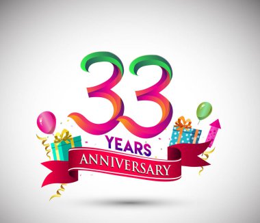 33 yıldönümü kutlama tasarımı için hediye kutusu ve balonlar, kırmızı kurdele, renkli vektör şablon öğeleri ile senin, doksan yedi yıl Doğum günü kutlama partisi.