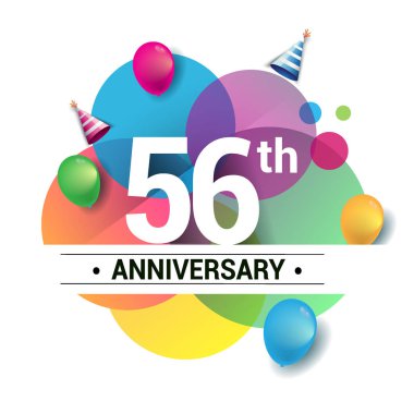 56 yıl yıldönümü logo, vektör tasarım Doğum günü kutlaması ile renkli geometrik, daireler ve beyaz arka plan üzerinde izole balonlar.