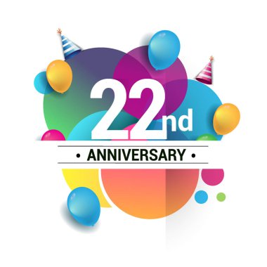 22 yıl yıldönümü logo, vektör tasarım Doğum günü kutlaması ile renkli geometrik, daireler ve beyaz arka plan üzerinde izole balonlar.