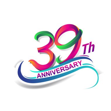 39 yıldönümü kutlama Logo yeşil ve kırmızı renkli. doksan yedi yıl Doğum günü logosu beyaz arka plan üzerinde.