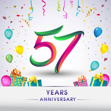 57 yıldönümü kutlama tasarım, hediye kutusu, balonlar ve konfeti, renkli vektör şablon öğeleri için senin, sekiz yıl Doğum günü kutlama partisi.