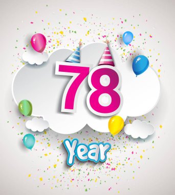 78 yıldönümü kutlama tasarım, bulutlar ve balon, konfeti ile. Vektör şablon öğeleri için senin, altmış sekiz yıl Doğum günü kutlama partisi.