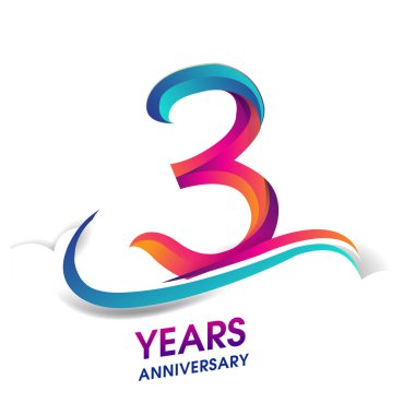 3 yıldönümü kutlama logo mavi ve kırmızı renkli. Doğum günü logosu beyaz arka plan üzerinde.