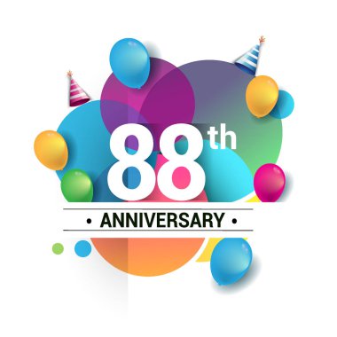88 yıl yıldönümü logo, vektör tasarım Doğum günü kutlaması ile renkli geometrik, daireler ve beyaz arka plan üzerinde izole balonlar.
