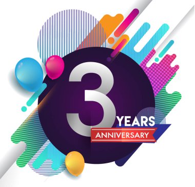 3 yıl yıldönümü logosu ile renkli arka plan, tasarım şablonu öğeleri için davetiye ve afiş, Doğum günü kutlaması vektör.