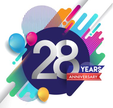 28 yıl yıldönümü logosu ile renkli arka plan, tasarım şablonu öğeleri için davetiye ve afiş, Doğum günü kutlaması vektör.
