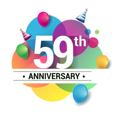 59 yaş yıldönümü logo, vektör tasarım Doğum günü kutlaması ile renkli geometrik, daireler ve beyaz arka plan üzerinde izole balonlar.