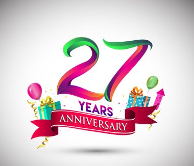 27 yıldönümü kutlama tasarımı için hediye kutusu ve balonlar, kırmızı kurdele, renkli vektör şablon öğeleri ile senin, doksan yedi yıl Doğum günü kutlama partisi.
