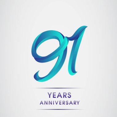 91 yıl yıldönümü kutlama logo mavi renkli izole üzerinde beyaz arka plan. 98 Doğum günü logosu için davetiye, afiş ve tebrik kartı