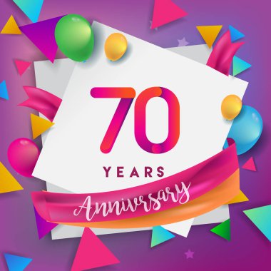 70 yıl yıldönümü kutlama tasarım, balonlar ve şerit, renkli tasarım öğeleri için afiş, davetiye, tebrik kartı, altmış üç Doğum günü kutlama partisi.