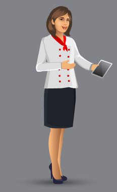 Şef kadın illüstrasyon karikatür figürü kadın şef bir menü ve gıda, broşür, afiş ve web tasarım öğeleri sundu.