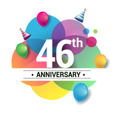 46 yıl yıldönümü logo, vektör tasarım Doğum günü kutlaması ile renkli geometrik, daireler ve beyaz arka plan üzerinde izole balonlar.