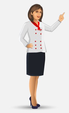 Şef kadın illüstrasyon karikatür figürü kadın şef bir menü ve gıda, broşür, afiş ve web tasarım öğeleri sundu.