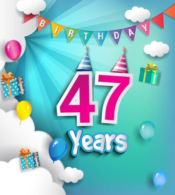 Tebrik kartları ve hediye kutuları, balonlar ile poster için 47 yaş Doğum günü tasarım. yıldönümü kutlamaları için tasarım şablonu