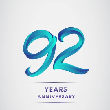 92 yıl yıldönümü kutlama logo mavi renkli izole üzerinde beyaz arka plan. 98 Doğum günü logosu için davetiye, afiş ve tebrik kartı