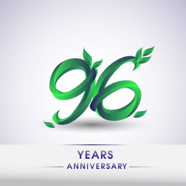 96 yıldönümü kutlama logo yaprakları ve yeşil renkli. 99 Doğum günü logosu beyaz arka plan üzerinde.