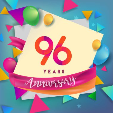 96 yıl yıldönümü kutlama tasarım, balonlar ve şerit, renkli tasarım öğeleri için afiş, davetiye, tebrik kartı, altmış üç Doğum günü kutlama partisi.
