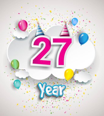 27 yıldönümü kutlama tasarım, bulutlar ve balon, konfeti ile. Vektör şablon öğeleri için senin, altmış sekiz yıl Doğum günü kutlama partisi.