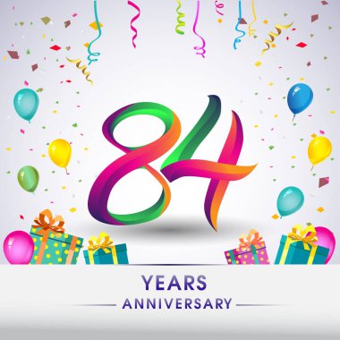 84 yıldönümü kutlama tasarım, hediye kutuları, balonlar ve konfeti, renkli vektör şablon öğeleri için senin, seksen iki yıl Doğum günü kutlama partisi.