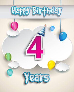 4 yıldönümü kutlama tasarım, bulut ve balon, konfeti ile. Vektör şablon öğeleri için senin, altmış sekiz yıl Doğum günü kutlama partisi.
