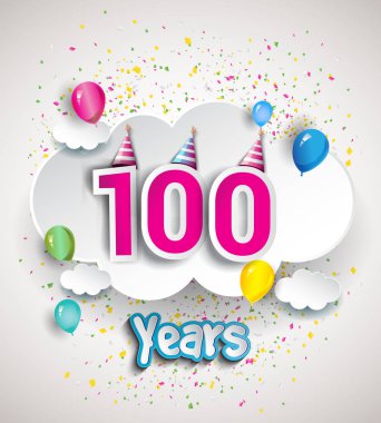 100 yıldönümü kutlama tasarım, bulutlar ve balon, konfeti ile. Vektör şablon öğeleri için senin, altmış sekiz yıl Doğum günü kutlama partisi.