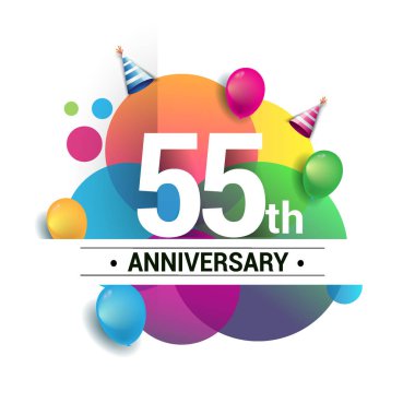 55 yıl yıldönümü logo, vektör tasarım Doğum günü kutlaması ile renkli geometrik, daireler ve beyaz arka plan üzerinde izole balonlar.