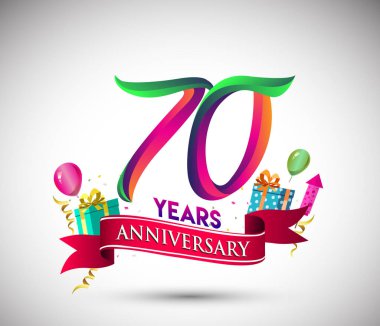 70 yıldönümü kutlama tasarımı için hediye kutusu ve balonlar, kırmızı kurdele, renkli vektör şablon öğeleri ile senin, doksan yedi yıl Doğum günü kutlama partisi.