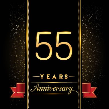55 yıldönümü kutlama logo. yıldönümü logolu siyah arka plan, vektör tasarımı tebrik kartı ve davetiye için izole renkli konfeti altın