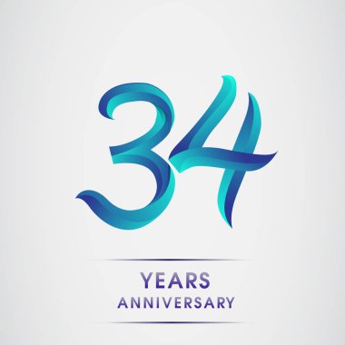 34 yıl yıldönümü kutlama logo mavi renkli izole üzerinde beyaz arka plan. 98 Doğum günü logosu için davetiye, afiş ve tebrik kartı
