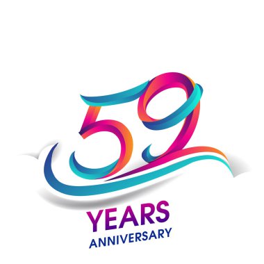  59 yıldönümü kutlama logo mavi ve kırmızı renkli. Doğum günü logosu beyaz arka plan üzerinde.