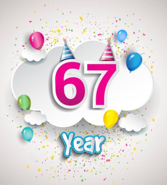 67 yıldönümü kutlama tasarım, bulutlar ve balon, konfeti ile. Vektör şablon öğeleri için senin, altmış sekiz yıl Doğum günü kutlama partisi.