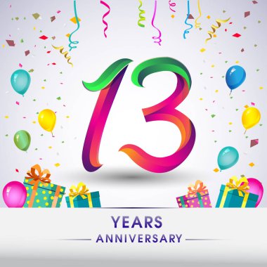 13 Yıldönümü kutlama tasarım, hediye kutusu, balonlar ve konfeti, renkli vektör şablon öğeleri için senin, sekiz yıl Doğum günü kutlama partisi.