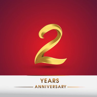 2 yıldönümünü kutluyor, logo altın renkli üzerinde izole kırmızı arka plan