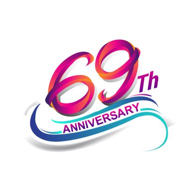 69 yıldönümü kutlama logo mavi ve kırmızı renkli. doksan dokuz yıl Doğum günü logosu beyaz arka plan üzerinde.