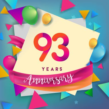93 yıl yıldönümü kutlama tasarım, balonlar ve şerit, renkli tasarım öğeleri için afiş, davetiye, tebrik kartı, altmış üç Doğum günü kutlama partisi.