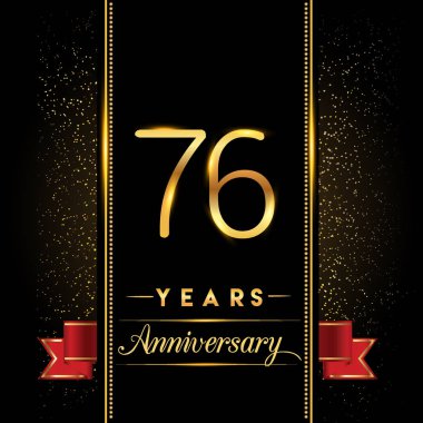 76 yıldönümü kutlama logo. yıldönümü logolu siyah arka plan, vektör tasarımı tebrik kartı ve davetiye için izole renkli konfeti altın