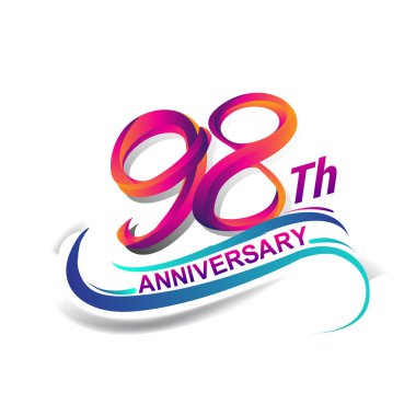 98 yıldönümü kutlama logo mavi ve kırmızı renkli. doksan dokuz yıl Doğum günü logosu beyaz arka plan üzerinde.