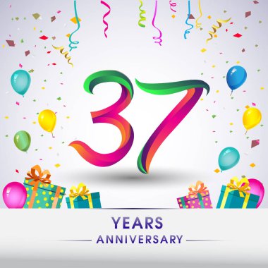 37 yıldönümü kutlama tasarım, hediye kutusu, balonlar ve konfeti, renkli vektör şablon öğeleri için senin, sekiz yıl Doğum günü kutlama partisi.
