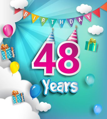 48 yıldönümü kutlama tasarım, bulut ve balon, konfeti ile. Vektör şablon öğeleri için senin, altmış sekiz yıl Doğum günü kutlama partisi.