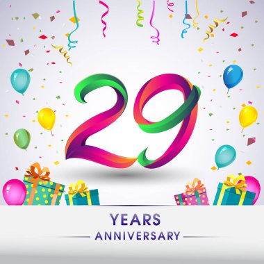 29 yıldönümü kutlama tasarım, hediye kutusu, balonlar ve konfeti, renkli vektör şablon öğeleri için senin, sekiz yıl Doğum günü kutlama partisi.