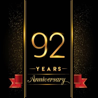 92 yıldönümü kutlama logo. yıldönümü logolu siyah arka plan, vektör tasarımı tebrik kartı ve davetiye için izole renkli konfeti altın