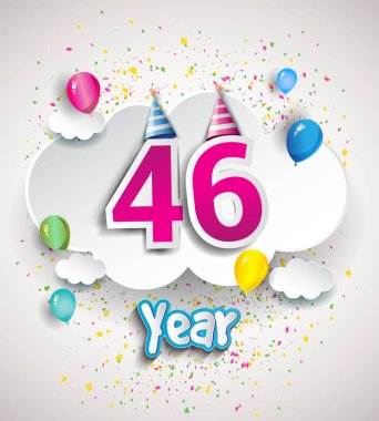 46 yıldönümü kutlama tasarım, bulutlar ve balon, konfeti ile. Vektör şablon öğeleri için senin, altmış sekiz yıl Doğum günü kutlama partisi.